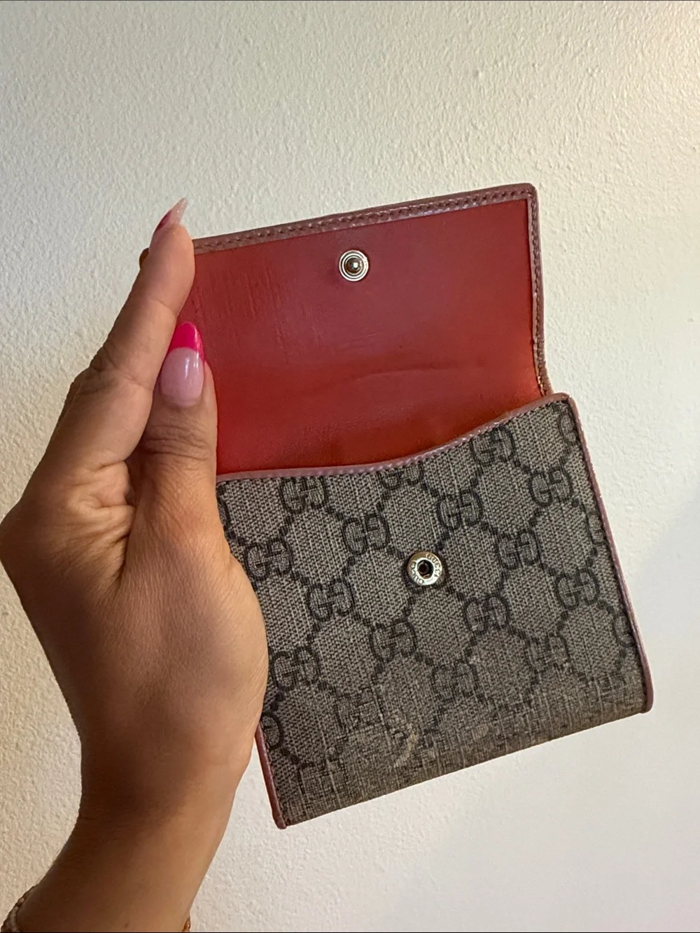 Gucci GG Monogram Wallet with Burgundy Bow and Brown Trim